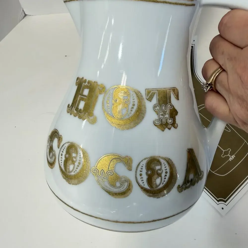 Williams-Sonoma Hot Cocoa Chocolate Carafe Pot White Gold Pitcher Frother NEW